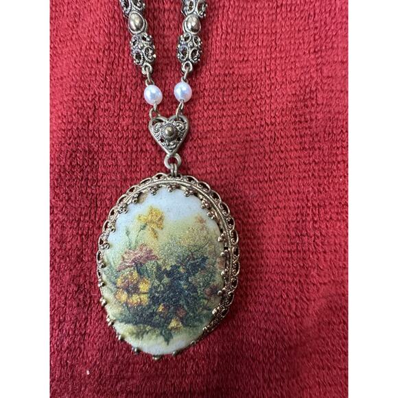 Vintage West Germany Sugared Glass Filigree Floral Pendant Necklace GoldTone 25” - Picture 1 of 9
